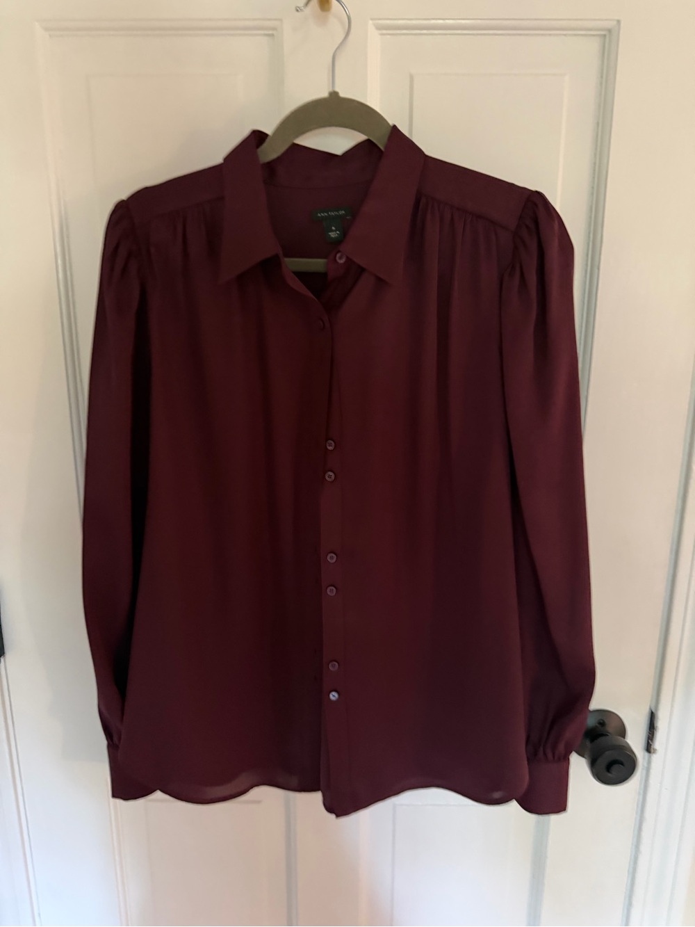 Ann Taylor Satin Button-Front Blouse in Burgundy